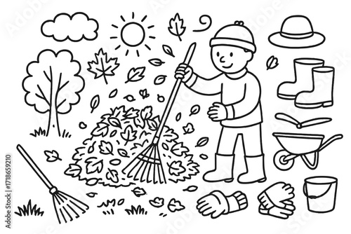 Raking Leaves Doodle. Hand-drawn doodle illustration Raking leaves [rake, leaf pile, wheelbarrow, gloves, boots, hat, bucket, oak leaf, maple leaf, tree, sun,