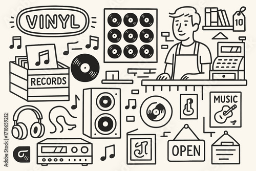 Vintage Record Store Doodle. Hand-drawn doodle illustration Vintage record store [record bin, vinyl display, album cover, music poster, headphones, stereo