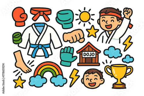 Kids Karate Doodle. Colorful Hand-drawn doodle Children illustration Karate Moves [karate gi, belt, glove, headband, punching hand, kicking foot, star,