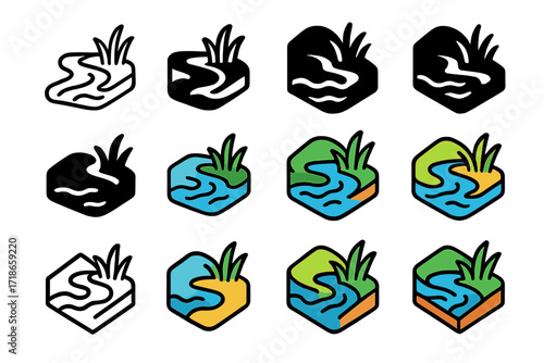 Floodplain Renewal Logos. Set Logo of Floodplain Renewal: Overflowing river recharging wetlands. Logo set in vector style,