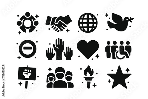 Unity Icons Grid. Unity. Solid icons set of circle of people, handshake, globe, peace dove, equality symbol, raised hands, heart, inclusive community, protest
