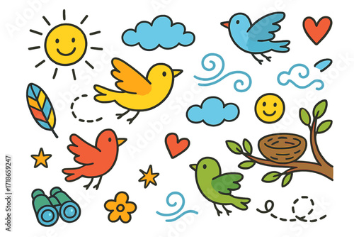 Colorful Birds in Flight. Colorful Hand-drawn doodle Children illustration Birds in Flight flying bird, feather, sun, cloud, blue sky, wing, tree, breeze