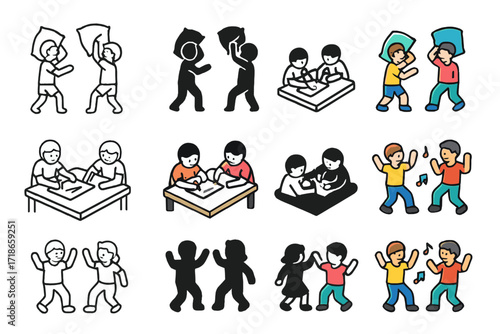 Fun Sibling Activities Icons. Icon Set of Fun sibling activities: pillow fight, drawing together, dancing. Icons set in vector style, emblematic variations.