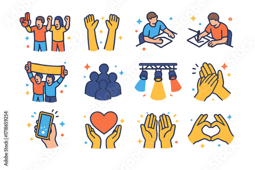 Fan Cheering Icons. Colorful isometric vector icons set of Fan appreciation: fans cheering, hands in air, autograph session,