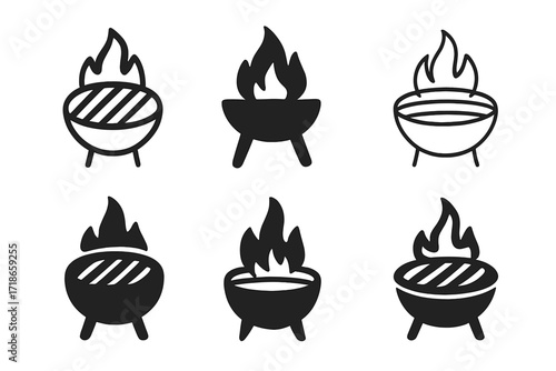 Grill Flame Logos. Restaurants. Set Logo of Restaurants: Grill flame. 6 harmonious logo variations of the same emblematic concept,