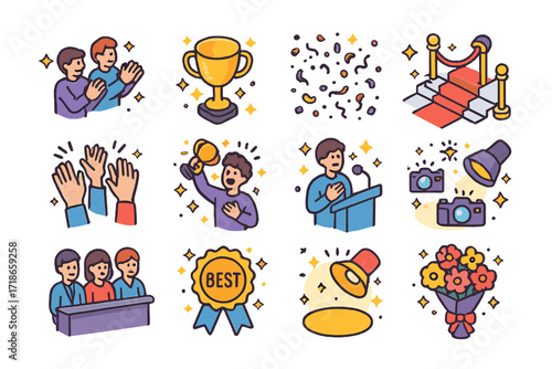 Award Ceremony Icons. Colorful isometric vector icons set of Award ceremony moments: clapping audience, golden trophy, confetti shower, red carpet, applause