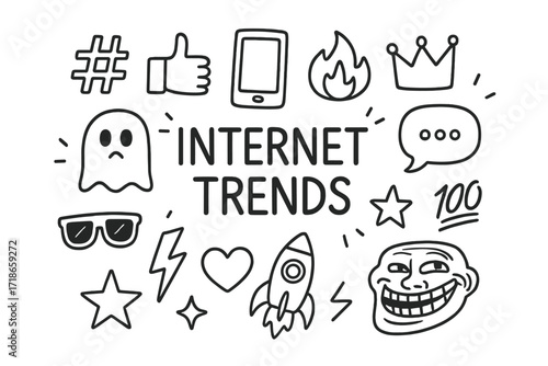 Internet Trends Icons. Internet trends. Hand-drawn doodle illustration internet trends hashtag, like button, smartphone, chat bubble, fire icon, crown, ghost,