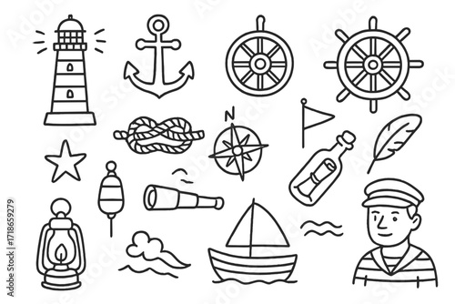 Nautical Doodle Icons. Hand-drawn doodle illustration nautical symbols lighthouse, anchor, ship wheel, rope knot, compass, flag, star, buoy, telescope, bottle,