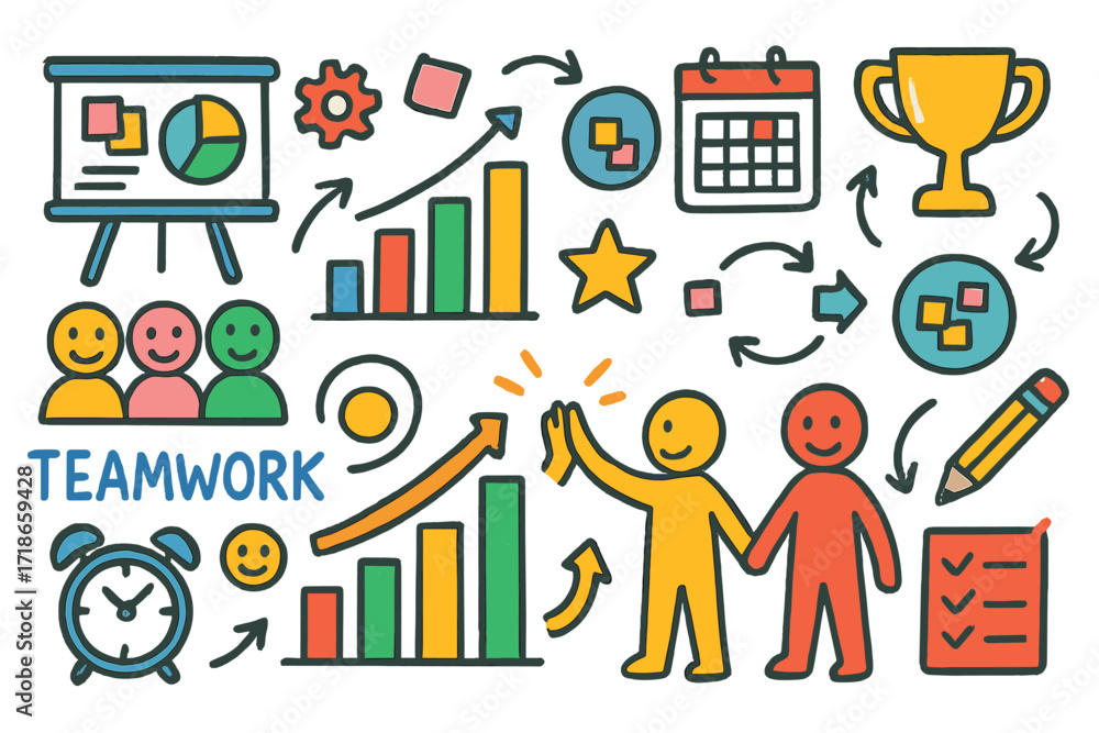 Fototapeta premium Collaborative Success Journey. Colorful Hand-drawn doodle Children illustration Teamwork progress colorful chart, group icons,