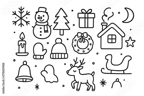 Festive Holiday Doodle. Hand-drawn doodle illustration Holiday snow scene [snowflake, snowman, pine tree, gift box, house, chimney