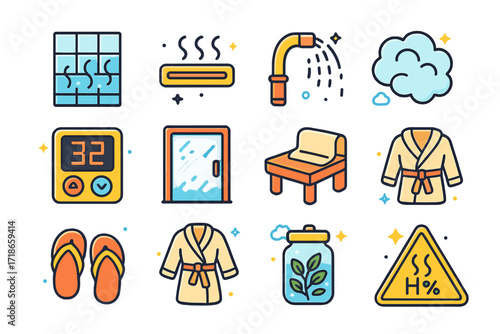 Isometric Steam Room Icons. Colorful isometric vector icons set of Steam room environment: tiled walls, steam vents, water spray hose, mist cloud, temperature