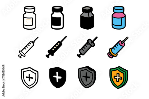 Vaccine Icons Collection. Icon Set of Vaccination and Immunization: Vaccine vial, Injection syringe, Immunity shield. Icons set in vector style, emblematic