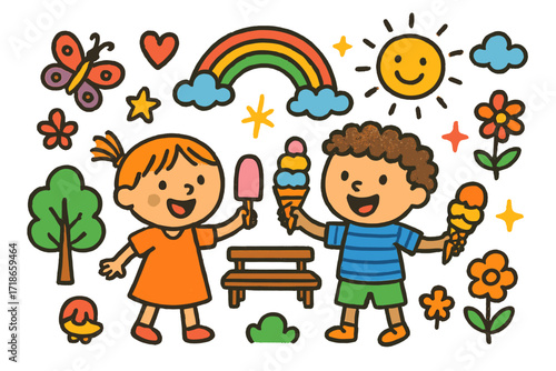 Friends Sharing Ice Cream. Colorful Hand-drawn doodle Children illustration Friends Sharing Ice Cream [two kids, ice cream cones, popsicle, heart, star,