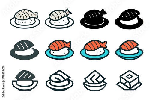 Sashimi and Rice Logos. Set Logo of Fish and Rice: Sashimi on Rice Plate. Logo set in vector style, emblematic variations. line, bold thick line, solid black