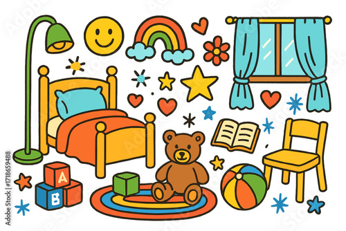 Colorful Kids' Room Doodle. Colorful Hand-drawn doodle Children illustration Kids’ Room Design [bed, toy block, teddy bear, book,