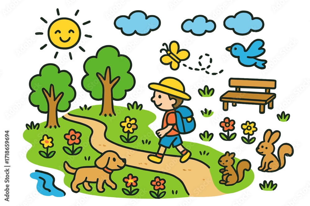 Naklejka premium Nature Walk Doodles. Colorful Hand-drawn doodle Children illustration Peaceful nature walk [tree path, sunshine, grass, walking