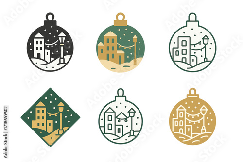 City Holiday Logos. Holiday spirit in a bustling city center. Set Logo of Holiday spirit in a bustling city center: snowy street