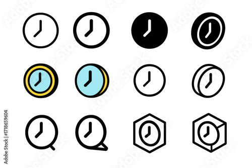 Dopamine Detox Logos. Set Logo of Dopamine Detox from Screens: Analog clock icon. Logo set in vector style, emblematic variations. line, bold thick line, solid