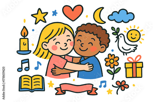 Joyful Doodle Elements. Closeness. Colorful Hand-drawn doodle Children illustration hug, heart, candle, star, moon, flower, book, smiling faces, ribbon, dove,