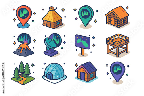 Aurora Viewing Icons. Colorful isometric vector icons set of best locations to watch aurora: Tromso map pin, Lapland hut, Yukon marker, Alaska cabin, Iceland