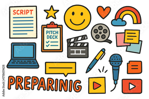 Creative Pitch Elements. Colorful Hand-drawn doodle Children illustration Preparing pitch materials script page, pitch deck, laptop, smiley face, star, heart,