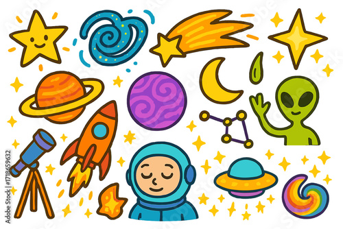 Galactic Kids' Doodles. Colorful Hand-drawn doodle Children illustration Galaxy magic planet, ringed star, spiral galaxy, comet