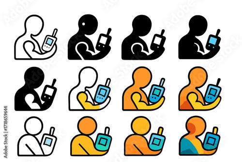Baby Monitor Logos. Set Logo of Checking a Baby Monitor: Parent Silhouette Holding Device. Logo set in vector style, emblematic variations. line, bold thick