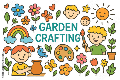 Whimsical Garden Doodle. Colorful Hand-drawn doodle Children illustration Picnic Site picnic basket, sandwich, juice box, blanket, tree, sun, sunglasses,