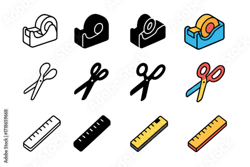 Colorful Assembly Icons. Icon Set of Assembly supplies: tape dispenser, scissors, ruler. Icons set in vector style, emblematic variations. Tape dispenser line,