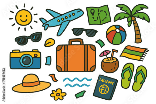 Vacation Doodle Icons. Colorful Hand-drawn doodle Children illustration Vacation suitcase, airplane, sun, sunglasses, map, beach ball, flip flops, coconut