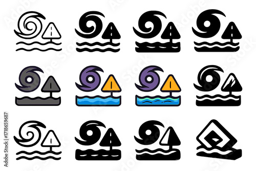 Hurricane Icon Logos. Set Logo of Severe Hurricanes: Flooded road hazard icon. Logo set in vector style, emblematic variations. line, bold thick line, solid
