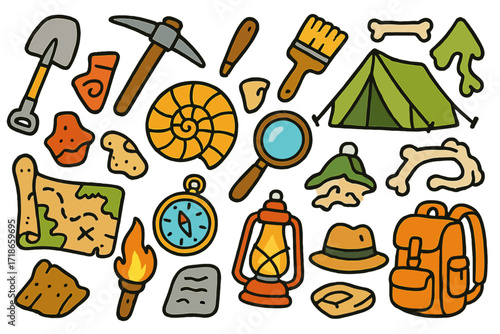 Children's Archaeology Adventure. Colorful Hand-drawn doodle Children illustration archaeology dig shovel, pickaxe, brush, bones, fossil, pottery shard,