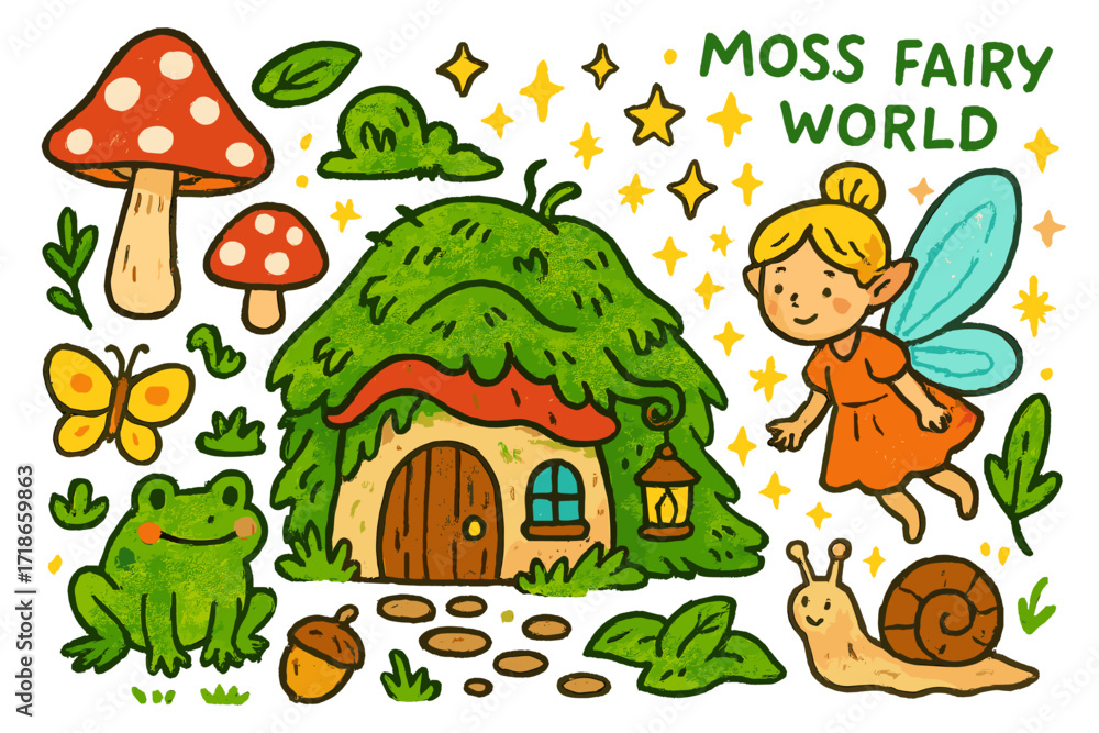 Obraz premium Whimsical Fairy World. Colorful Hand-drawn doodle Children illustration Moss Fairy World fairy house, mushrooms, moss, wings, stars, sparkles, mini door,