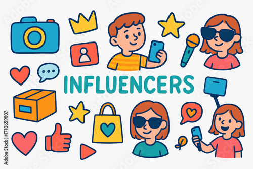 Colorful Influencer Icons. Influencers. Colorful Hand-drawn doodle Children illustration camera, phone, selfie, crown, star, sunglasses, product box, gift bag,