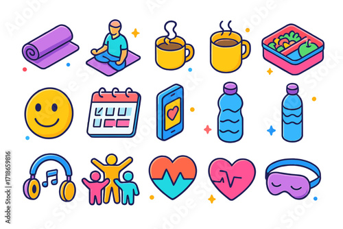 Employee Wellbeing Icons. Employee wellbeing. Colorful isometric vector icons set of employee wellbeing: yoga mat, meditation icon, coffee break mug, healthy