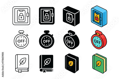 Digital Detox Icons. Icon Set of Digital Detox: Phone Lock Box, Offline Timer, Nature Book. Icons set in vector style, emblematic variations. Phone Lock Box