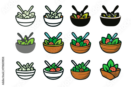 Fresh Salad Logos. Set Logo of preparing a fresh salad with avocado, tomatoes, and greens: Wooden salad bowl. Logo set in vector style, emblematic variations.