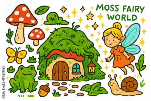 Whimsical Fairy World. Colorful Hand-drawn doodle Children illustration Moss Fairy World fairy house, mushrooms, moss, wings, stars, sparkles, mini door,