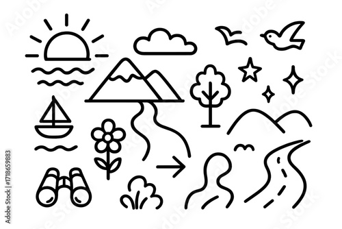 Horizon Doodle Icons. Hand-drawn doodle illustration Horizon in the distance [sun, mountain, sea wave, cloud, tree, path, star,