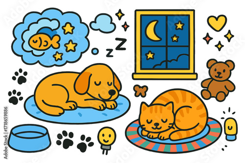 Dreaming Pets at Night. Colorful Hand-drawn doodle Children illustration Pets dreaming at night star cloud, sleeping dog, curled cat, cozy rug, moonlight,