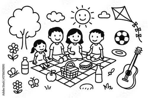 Outdoor Family Fun. Hand-drawn doodle illustration Outdoor family time [family figures, picnic basket, blanket, apple, sandwich, water bottle, soccer ball,