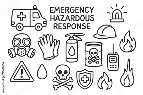 Emergency Icons Doodle. Hand-drawn doodle illustration Emergency hazardous response [ambulance, siren, gas mask, gloves, extinguisher, helmet, droplet, barrel,