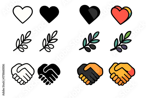 Icons of Forgiveness. Icon Set of Letting Go of the Past Forgiveness: Heart symbol, Olive branch, Two clasped hands. Icons set in vector style, emblematic
