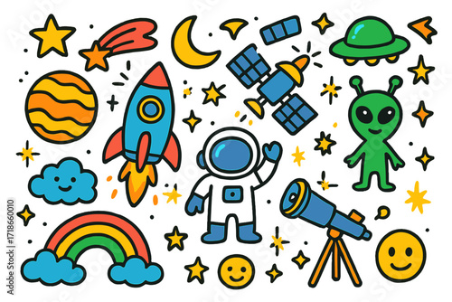 Cosmic Kids' Adventure. Colorful Hand-drawn doodle Children illustration Deep Space Mystery [rocket, planet, star, moon, comet, astronaut, satellite, spark,