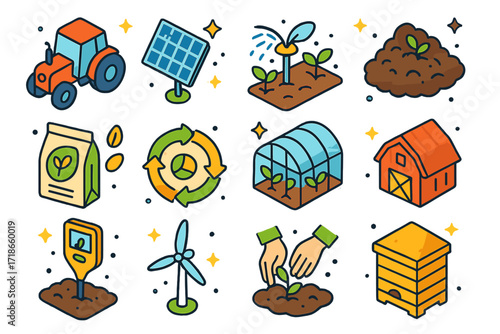 Sustainable Farming Icons. Sustainable farming. Colorful isometric vector icons set of sustainable farming: tractor, solar panel, irrigation system, compost