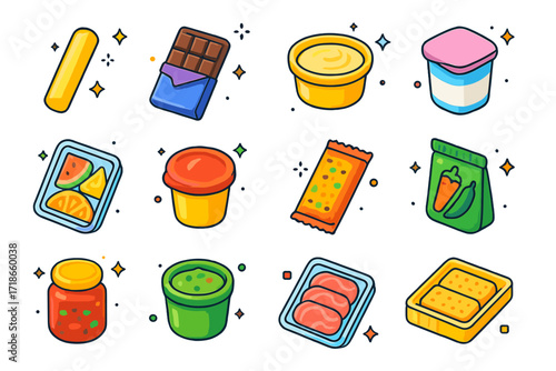 Colorful Snack Icons. Colorful isometric vector icons set of fridge door snack items: cheese stick, chocolate bar, hummus cup, yogurt pot, fruit slice pack,
