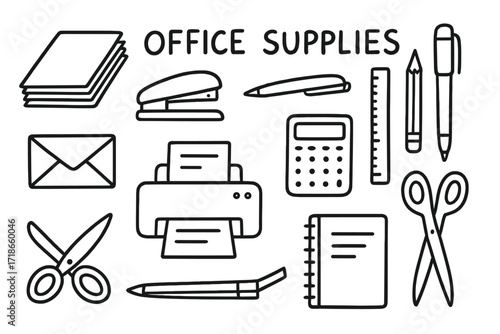 Office Supplies Doodle. Office Supplies. Hand-drawn doodle illustration catalog, paper stack, stapler, pen, pencil, ruler, calculator, clipboard, envelope,