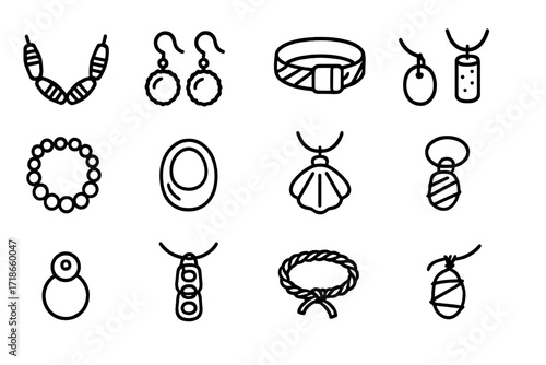 Eco Jewelry Icons. Eco jewelry. Line icon set of eco jewelry: paper bead necklace, bottle cap earrings, fabric bracelet, cork pendant, wooden bead necklace,
