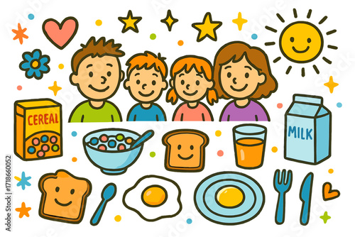 Doodle Family Breakfast. Colorful Hand-drawn doodle Children illustration Family Breakfast cereal bowl, milk, toast, eggs, juice glass, spoon, fork, knife,