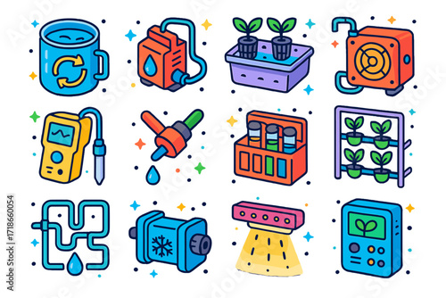 Hydroponic System Icons. Colorful isometric vector icons set of hydroponic irrigation systems: water circulation tank, nutrient